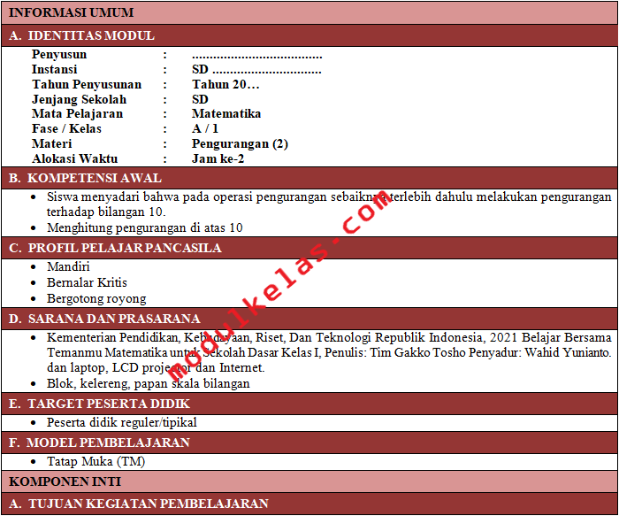 Modul Ajar Kurikulum Merdeka Matematika Kelas 1 Sd Mi Fase A Modul Kelas