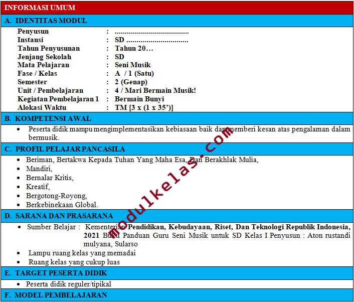 Modul Ajar Kurikulum Merdeka Seni Musik Kelas 1 SD/MI Fase A - Modul Kelas