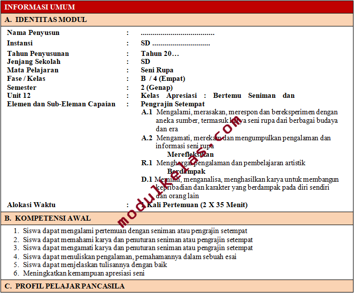 Modul Ajar Kurikulum Merdeka Seni Rupa Kelas 4 SD/MI Fase B - Modul Kelas