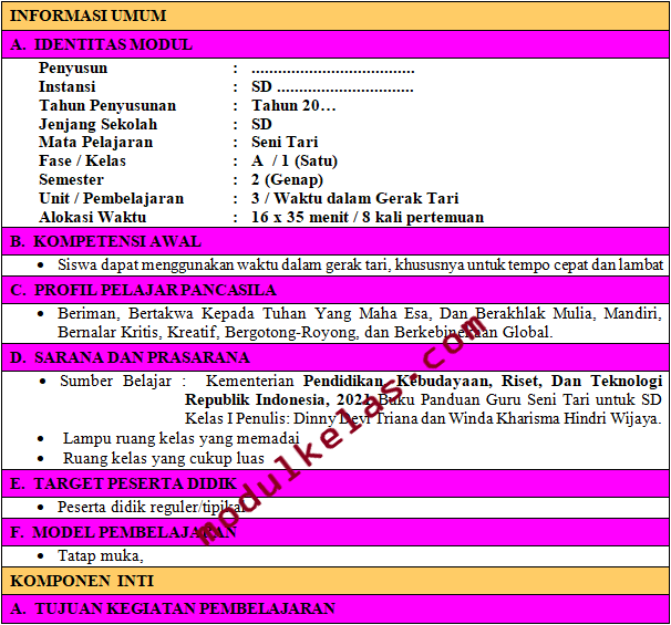 Modul Ajar Kurikulum Merdeka Seni Tari Kelas 1 SD/MI Fase A - Modul Kelas