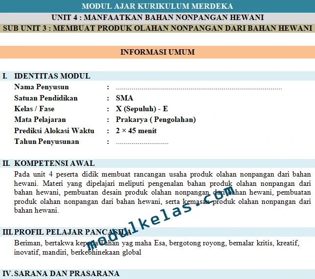 Modul Ajar Prakarya Pengolahan Kelas 10 SMA Fase E Kurikulum Merdeka