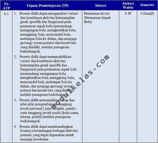 Prota (Program Tahunan) PJOK Kelas 9 SMP/MTs Fase D Kurikulum Merdeka