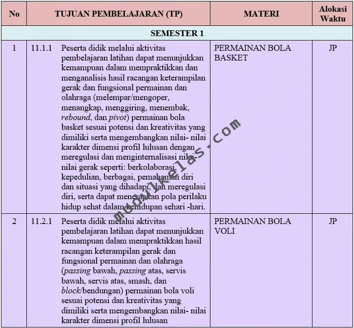 Prota Pendidikan Jasmani Olahraga dan Kesehatan (PJOK) Kelas 11