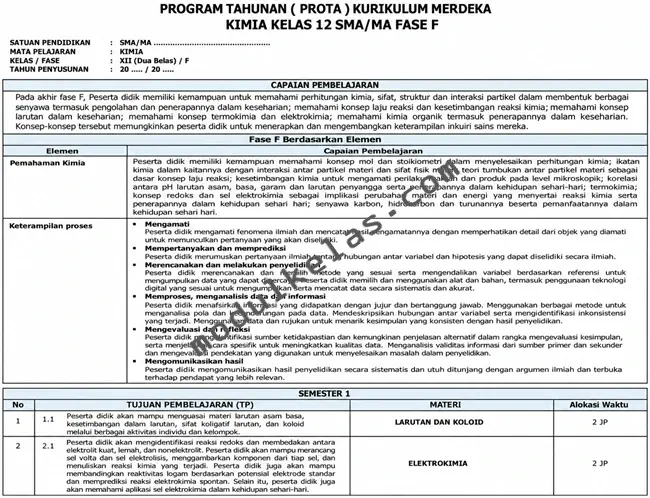 Prota Kimia Kelas 12 Kurikulum Merdeka Program Tahunan (Prota) Kimia Kelas 12